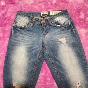 Indigo Rein‎ Jeans Women's Size 1 Ultra Low Rise Skinny Blue Embroidered Pocket